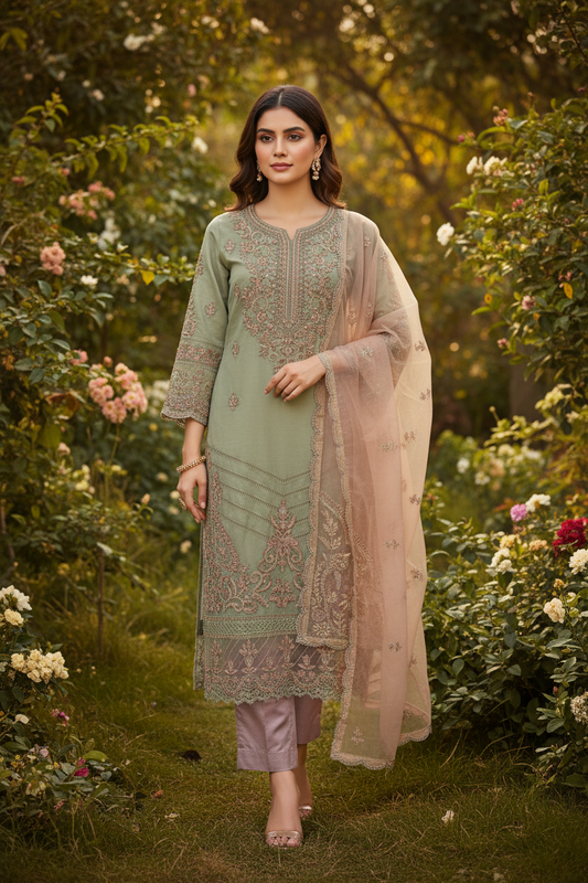 Sage Green Rose Gold Embroidered Suit Set