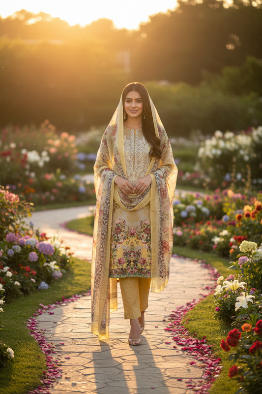 Beige Floral Embroidered Suit Set