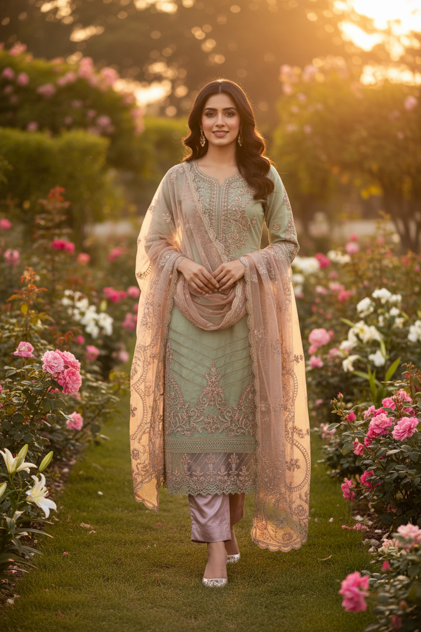 Sage Green Rose Gold Embroidered Suit Set