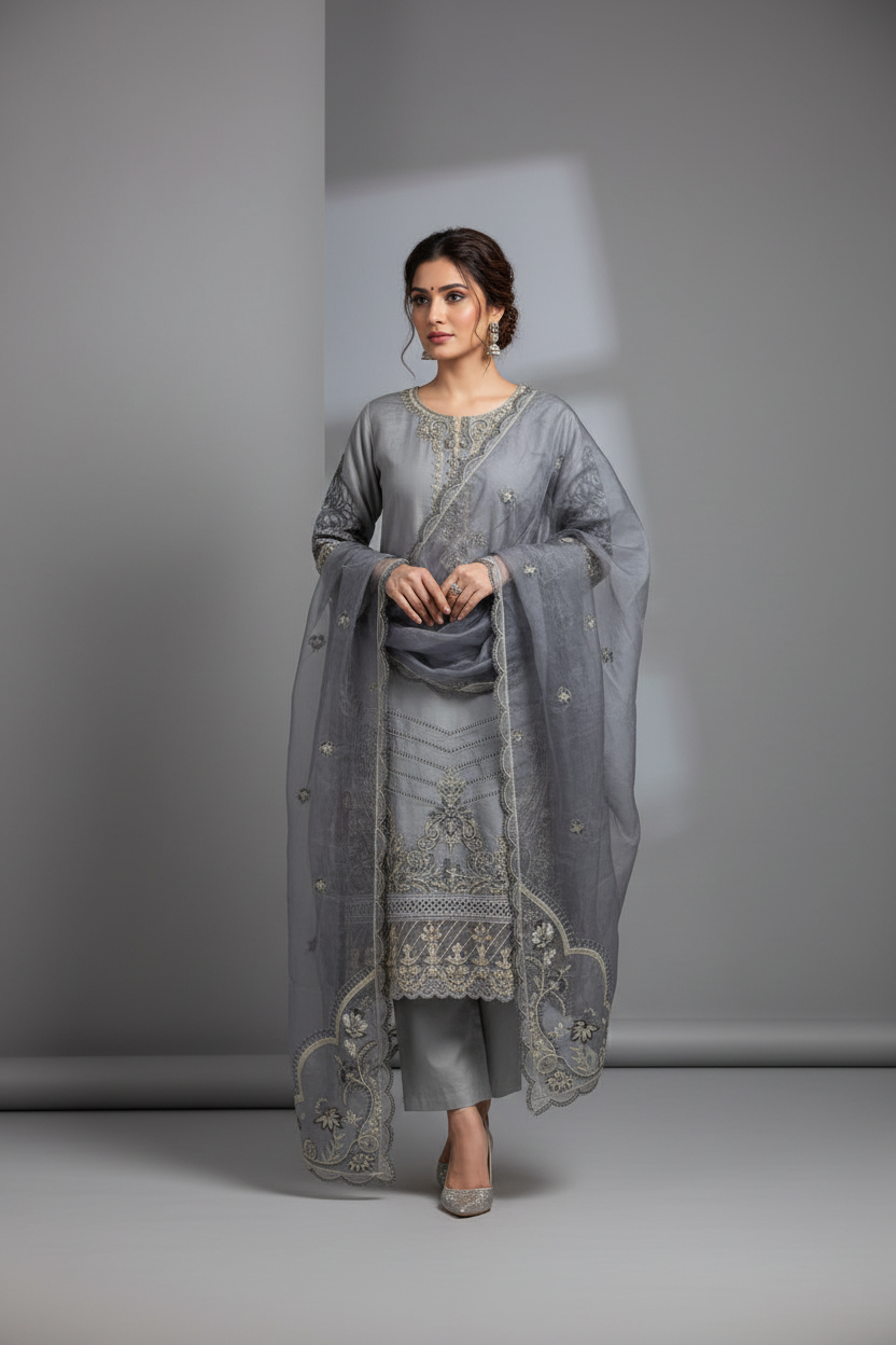 Grey Silver Zari Embroidered Suit Set