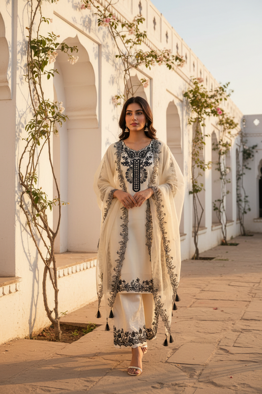Cream Embroidered Suit Set