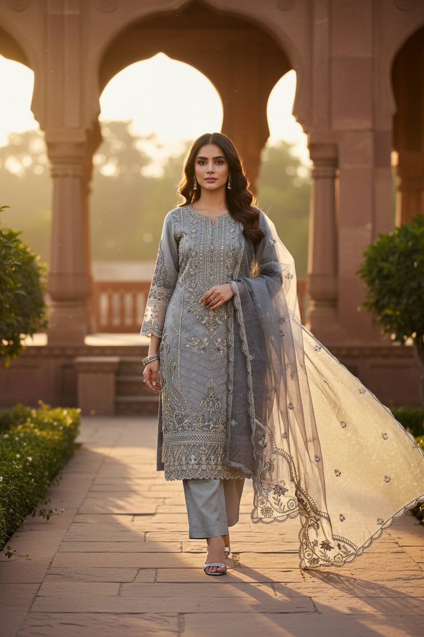 Grey Silver Zari Embroidered Suit Set