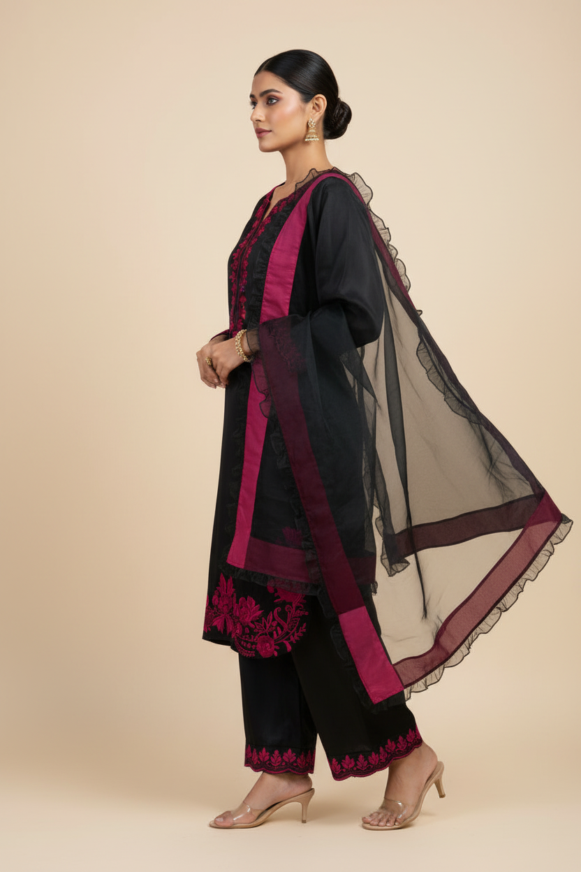 Black Magenta Embroidered Suit - Side View