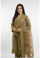 Olive Gold Embroidered Cotton Suit