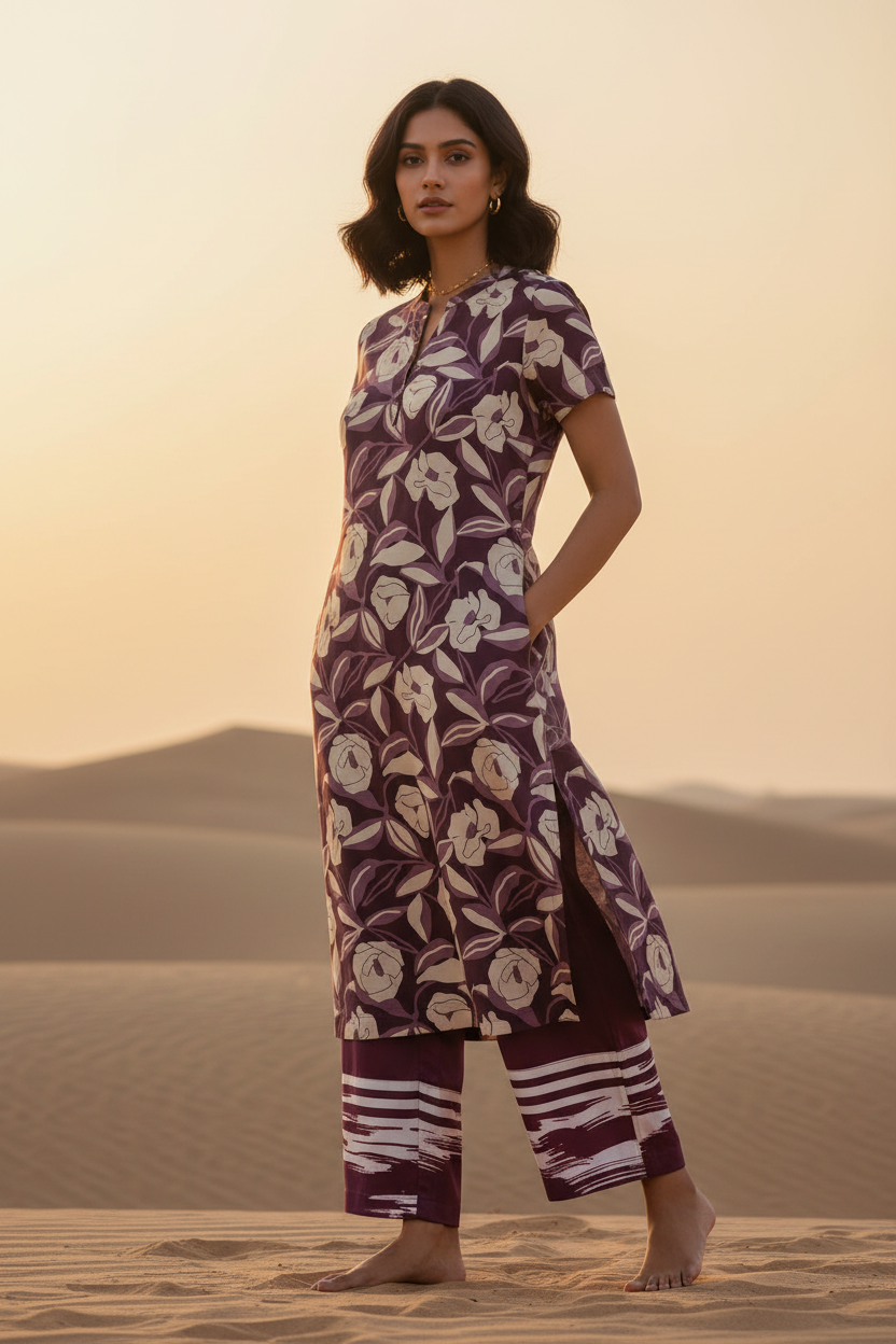 Wine Floral Co-ord Set - Three Quarter View