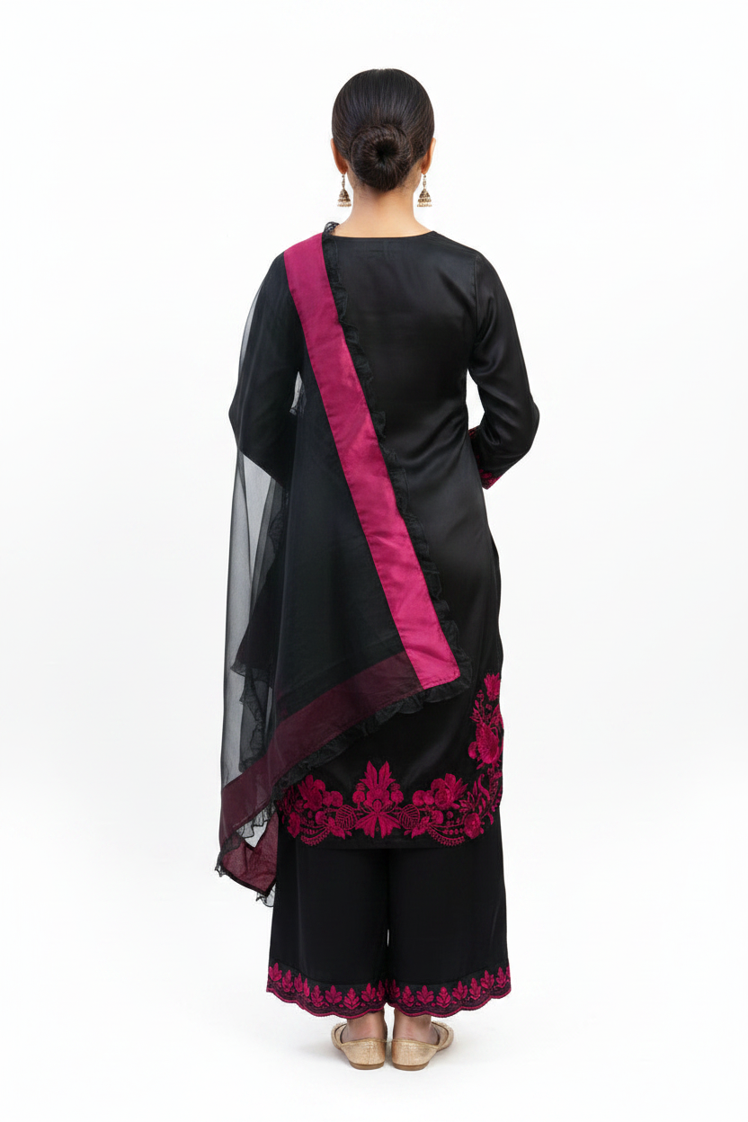 Black Magenta Embroidered Suit - Back View