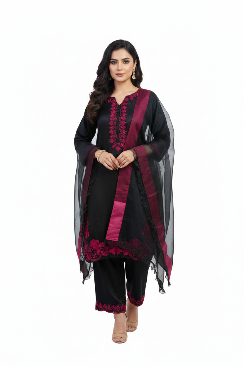 Black Magenta Embroidered Suit - Front View