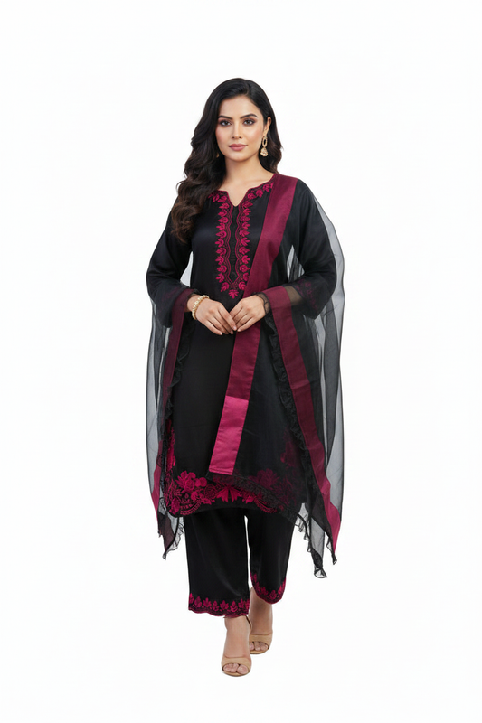 Black Magenta Embroidered Suit - Front View