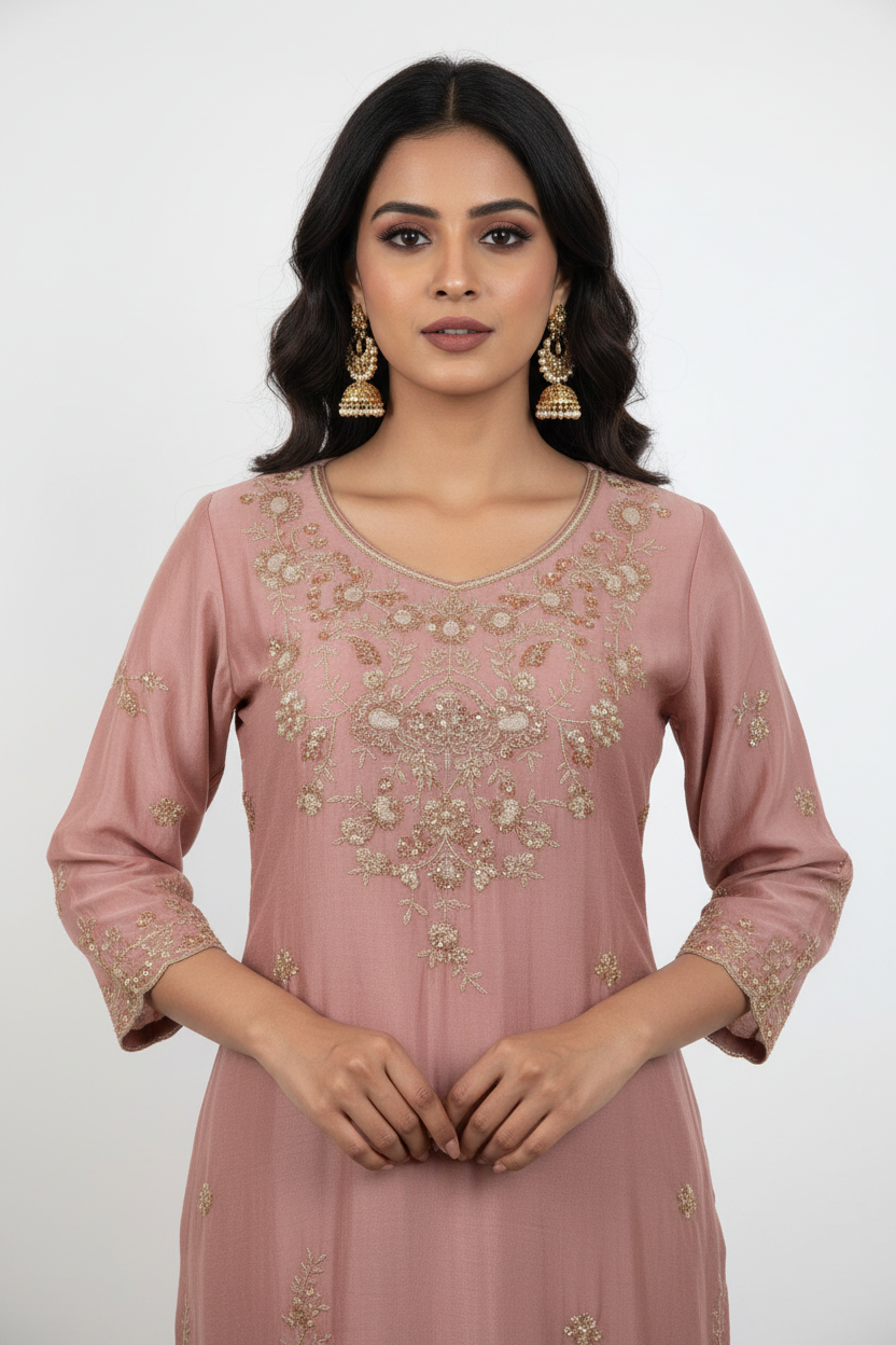 Dusty Rose Pink Kurta Palazzo Set - Detail View