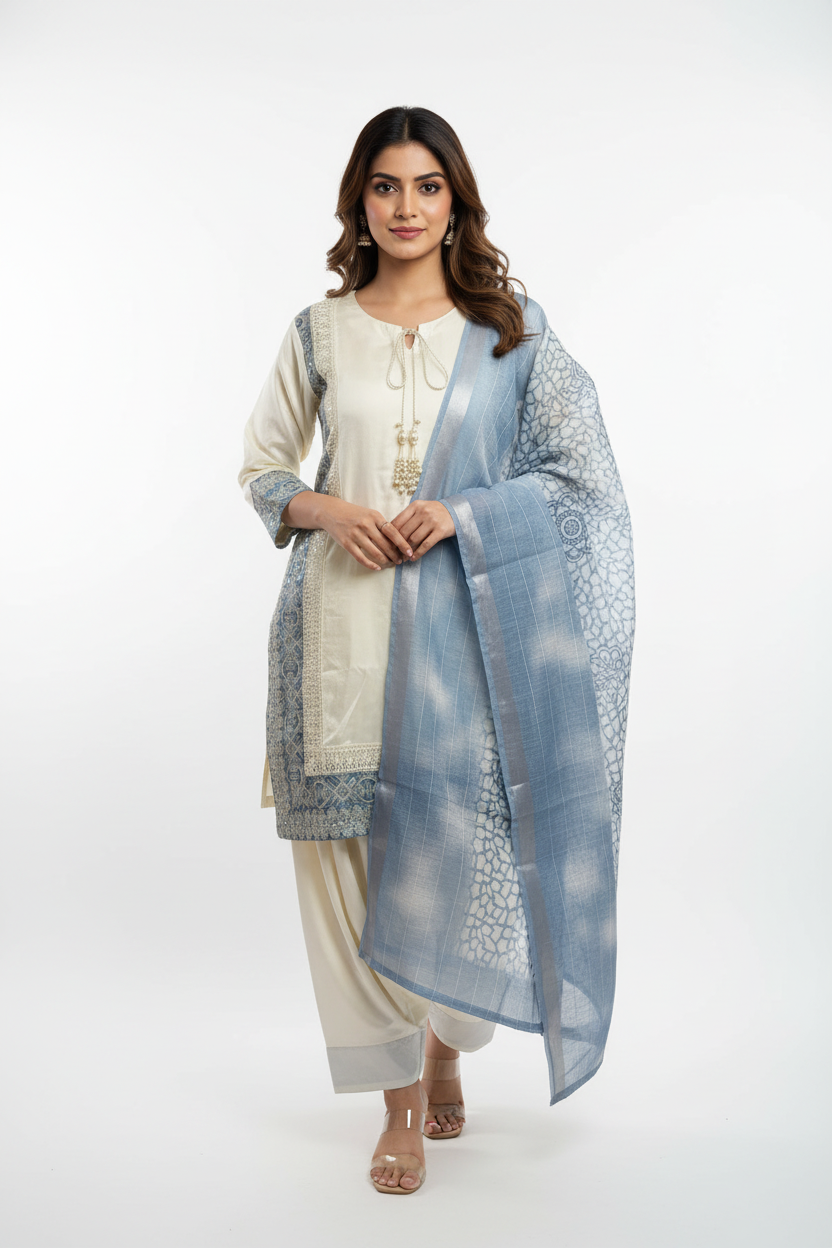 Ivory Steel Blue Brocade Suit - Front View