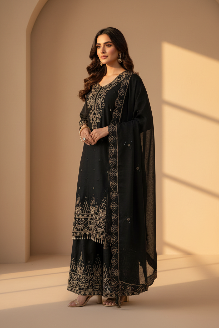 Black Gold Cutwork Suit - Three Quarter View