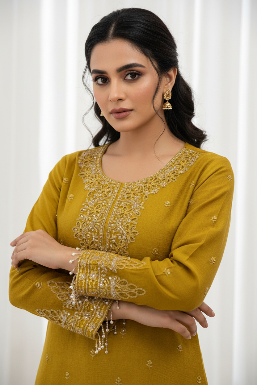 Mustard Yellow Cutwork Suit - Detail View