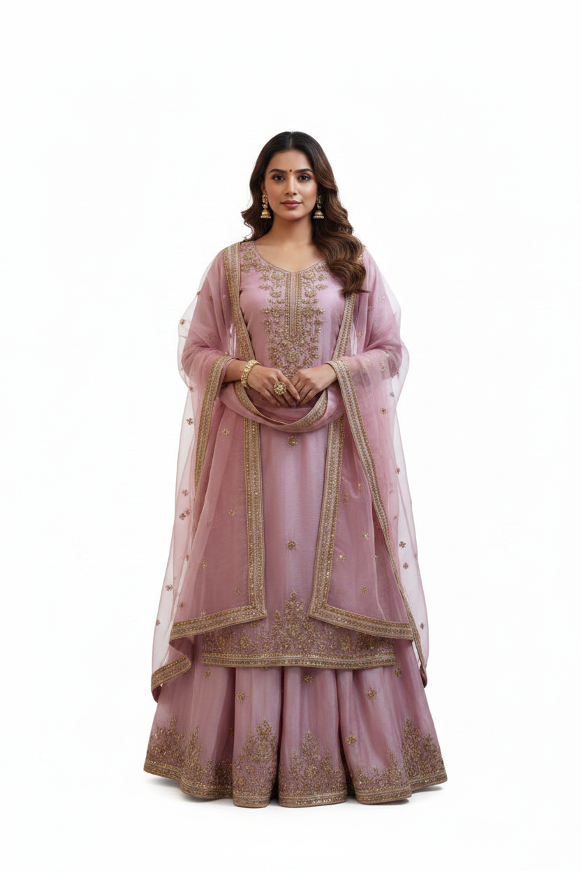 Dusty Pink Organza Kurta Skirt Set - Front View