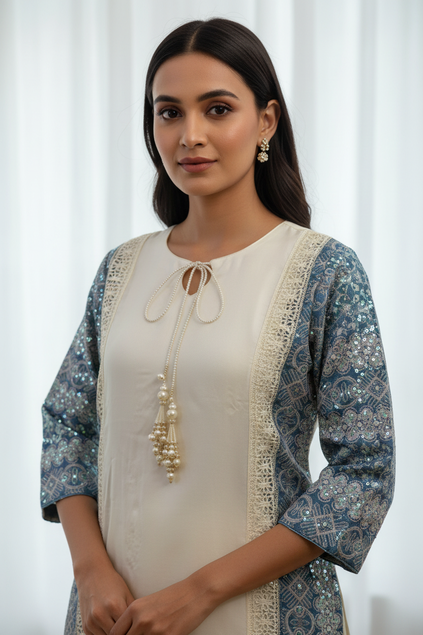 Ivory Steel Blue Brocade Suit - Detail View