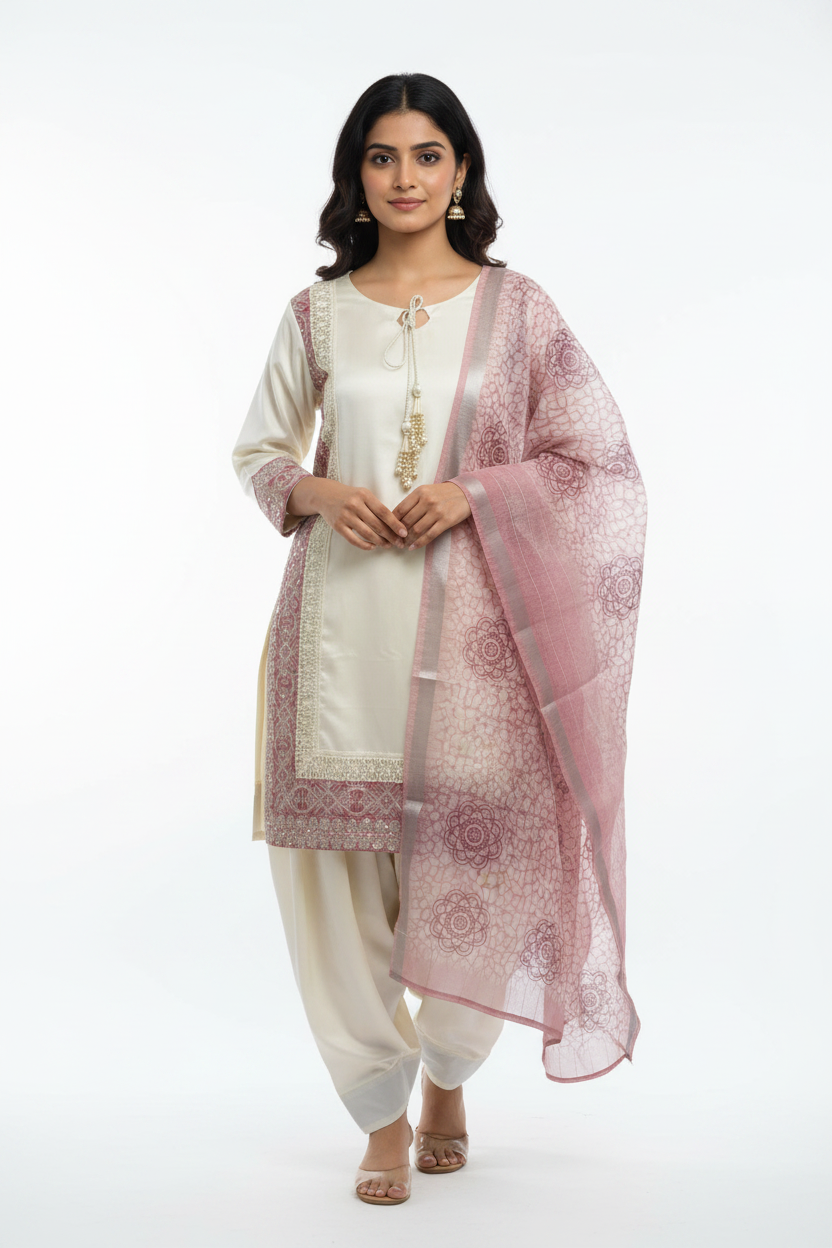 Ivory Dusty Pink Brocade Suit - Front View