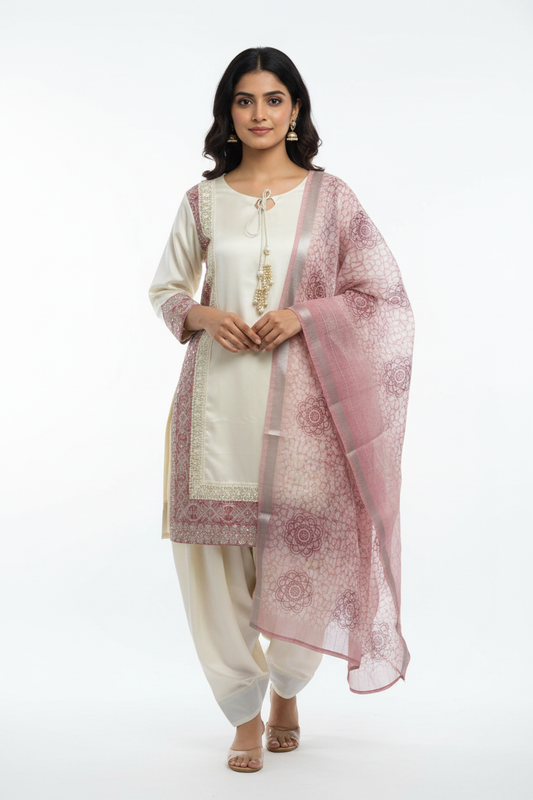 Ivory Dusty Pink Brocade Suit - Front View