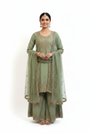 Sage Green Embroidered Kurta Palazzo Set - Front View