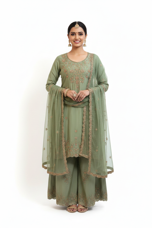 Sage Green Embroidered Kurta Palazzo Set - Front View