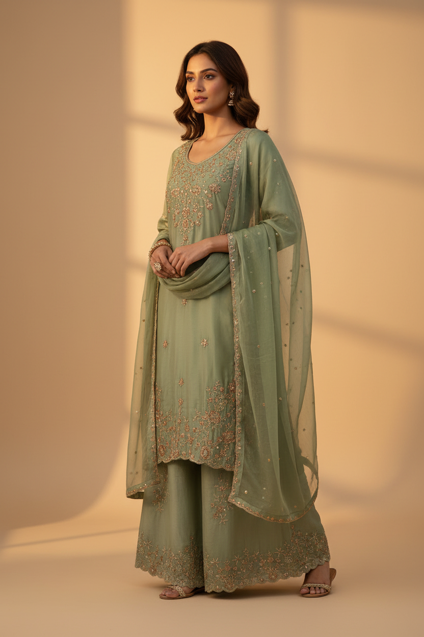 Sage Green Embroidered Kurta Palazzo Set - Three Quarter View