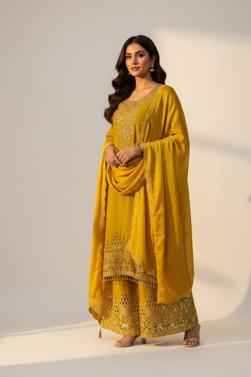 Mustard Yellow Cutwork Suit - Three Quarter View