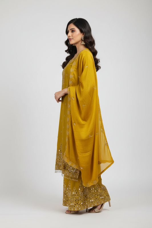 Mustard Yellow Cutwork Suit - Side View