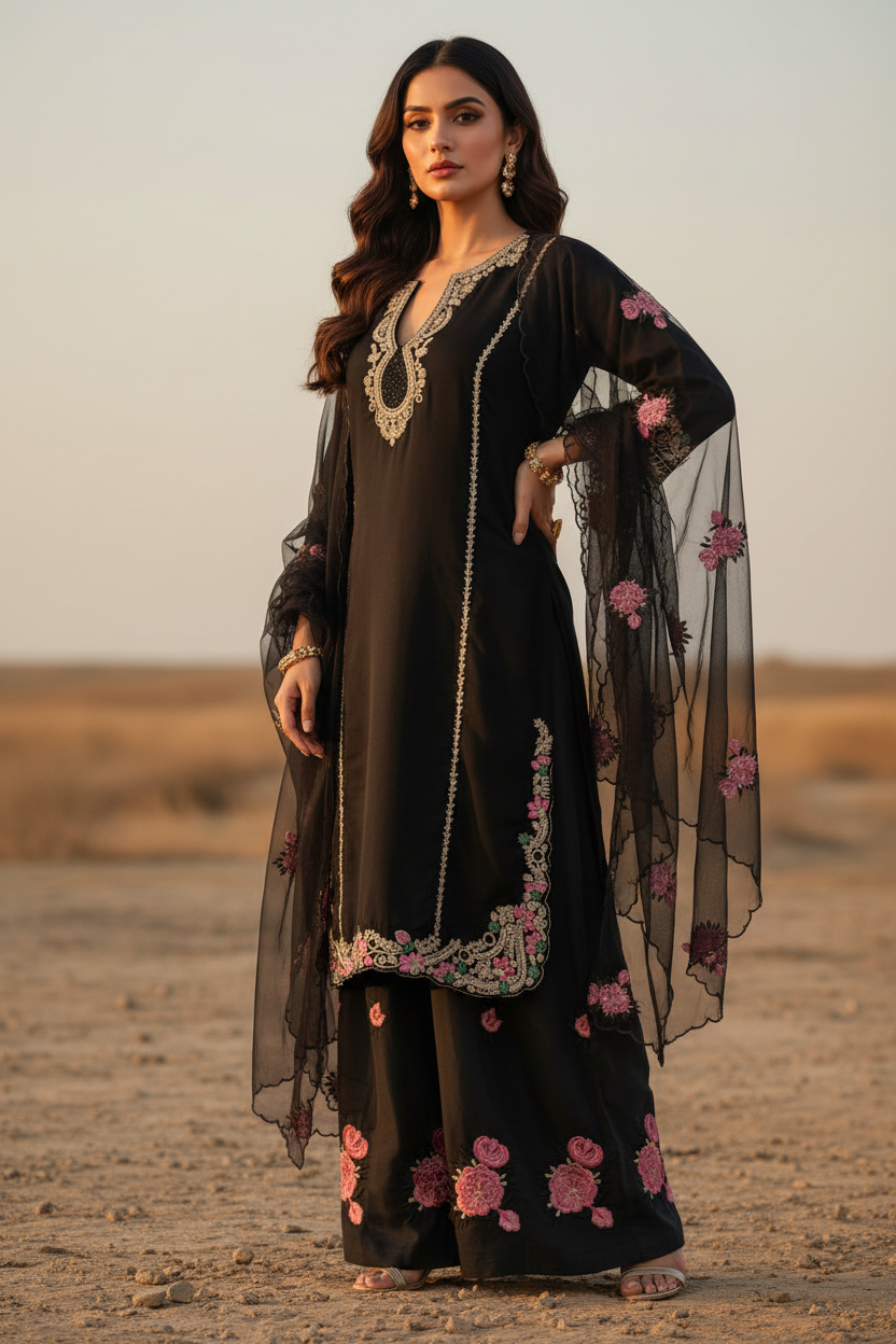 Black Floral Co-ord Set - Three Quarter View