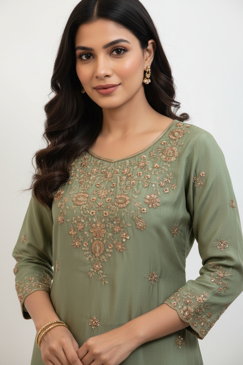 Sage Green Embroidered Kurta Palazzo Set - Detail View