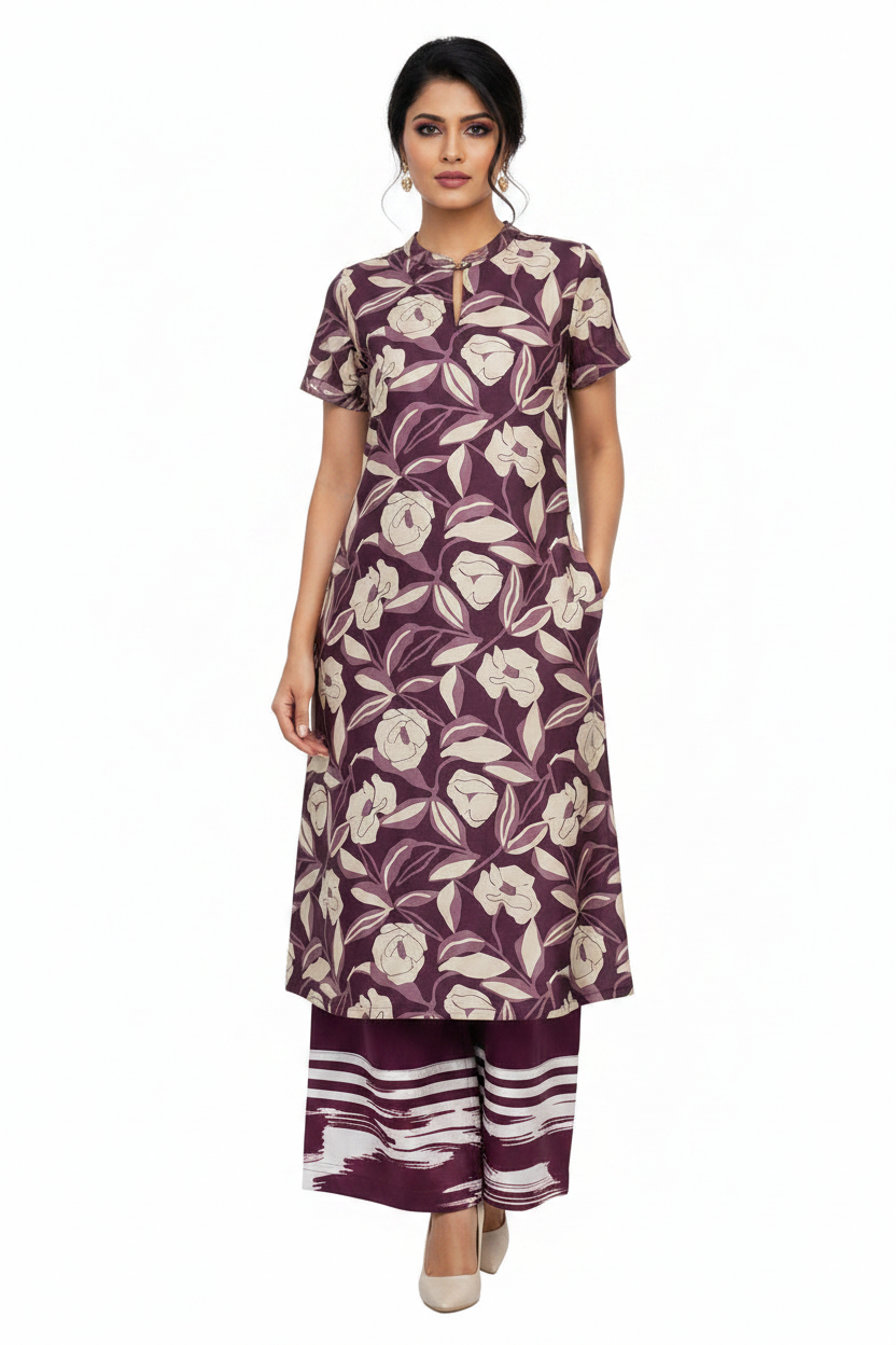Wine Floral Co-ord Set - Front View