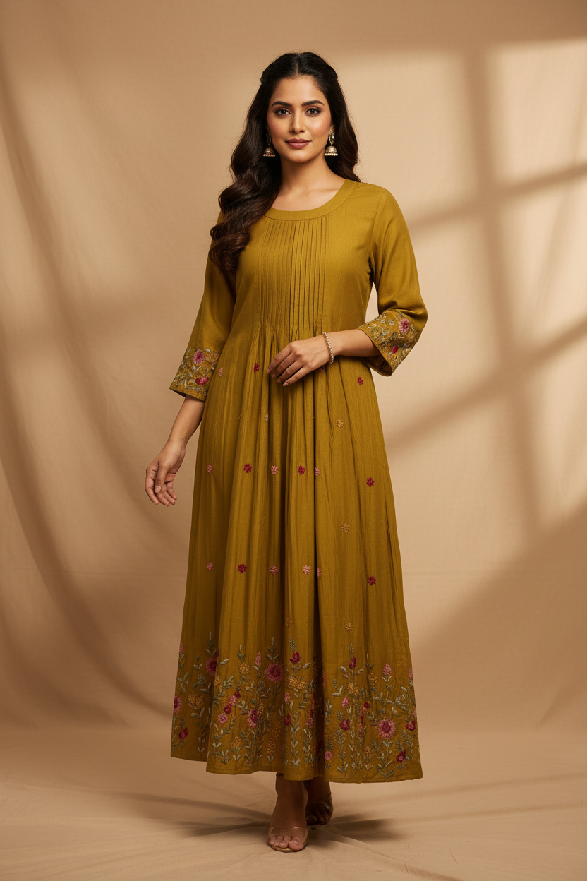 Model wearing Mustard Kurta