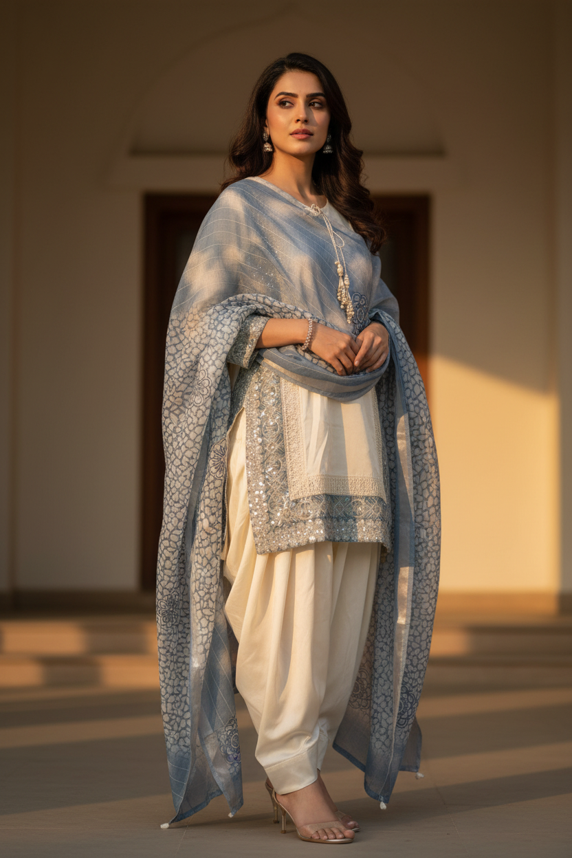 Ivory Steel Blue Brocade Suit - Three Quarter View