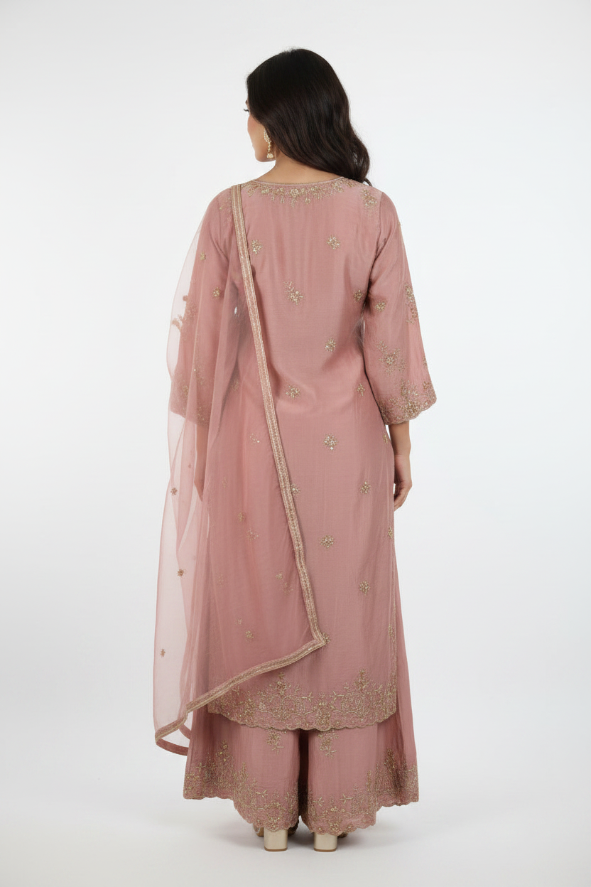 Dusty Rose Pink Kurta Palazzo Set - Back View