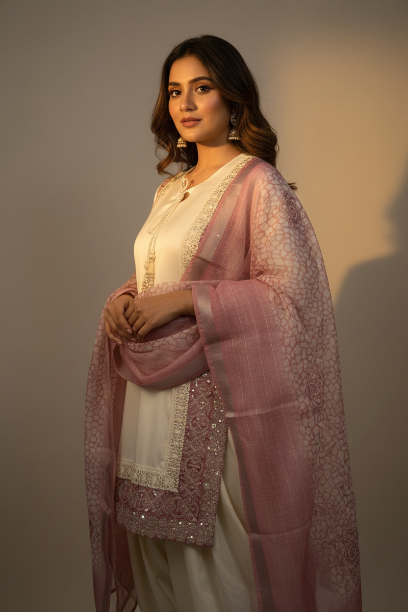 Ivory Dusty Pink Brocade Suit - Three Quarter View