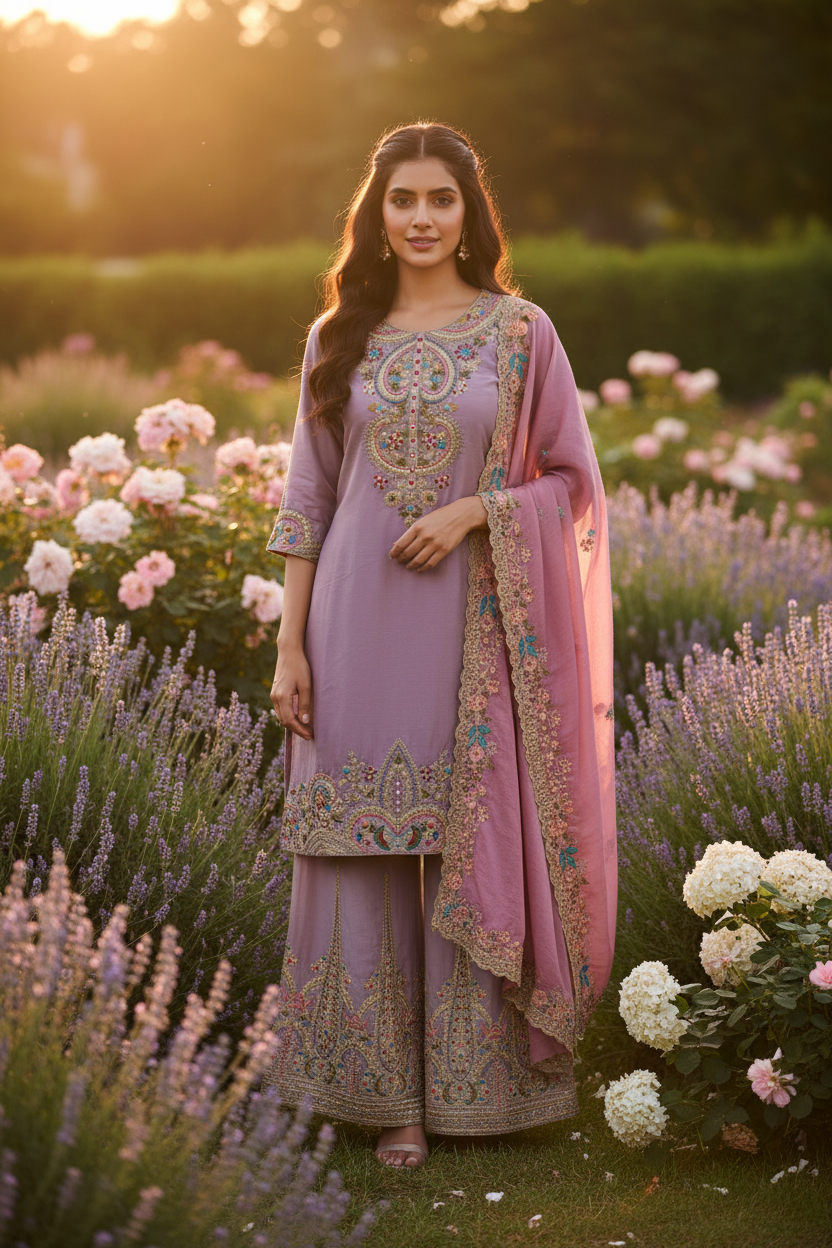Lavender Zardozi Suit - Outdoor Garden