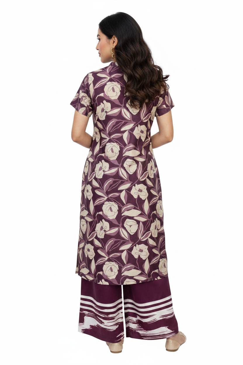 Wine Floral Co-ord Set - Back View
