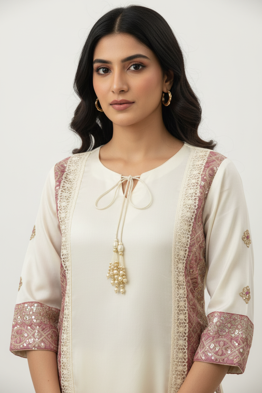 Ivory Dusty Pink Brocade Suit - Detail View