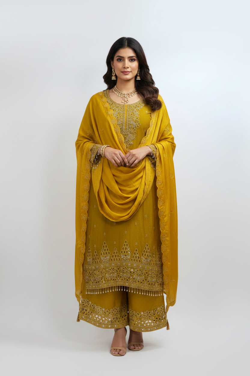 Mustard Yellow Cutwork Suit - Front View