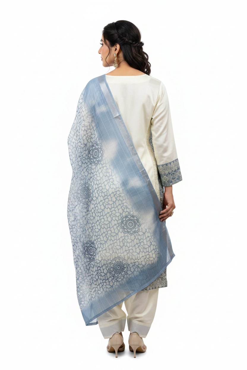 Ivory Steel Blue Brocade Suit - Back View
