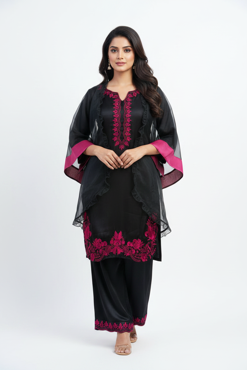 Black Magenta Embroidered Suit - Detail View