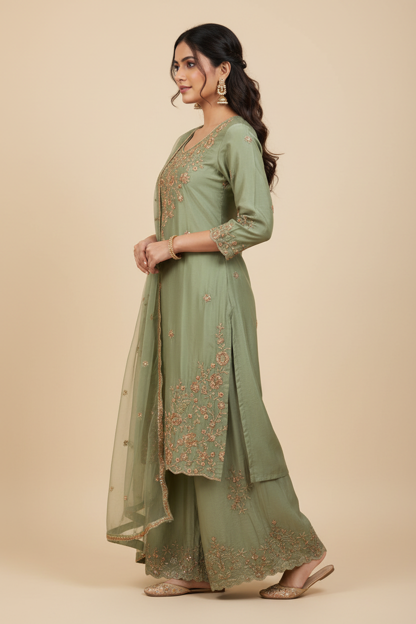 Sage Green Embroidered Kurta Palazzo Set - Side View