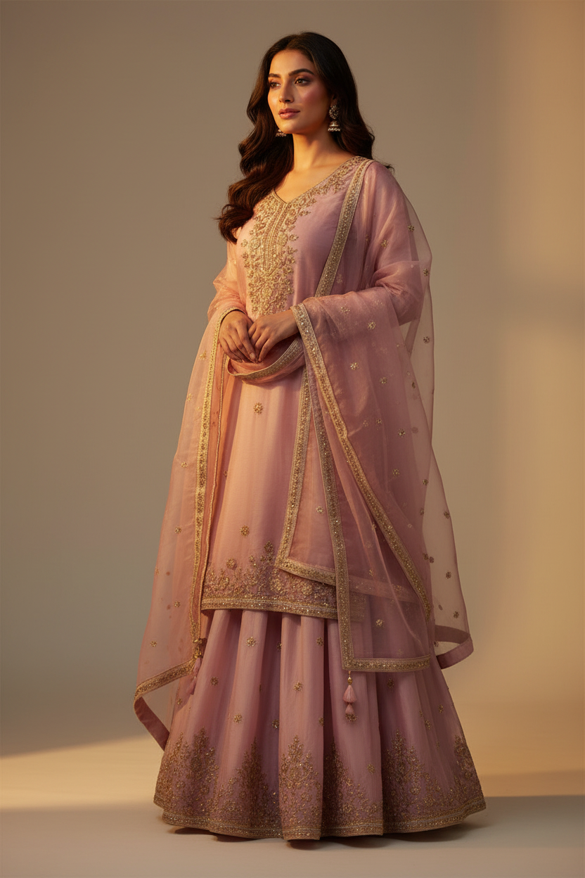 Dusty Pink Organza Kurta Skirt Set - Three Quarter View