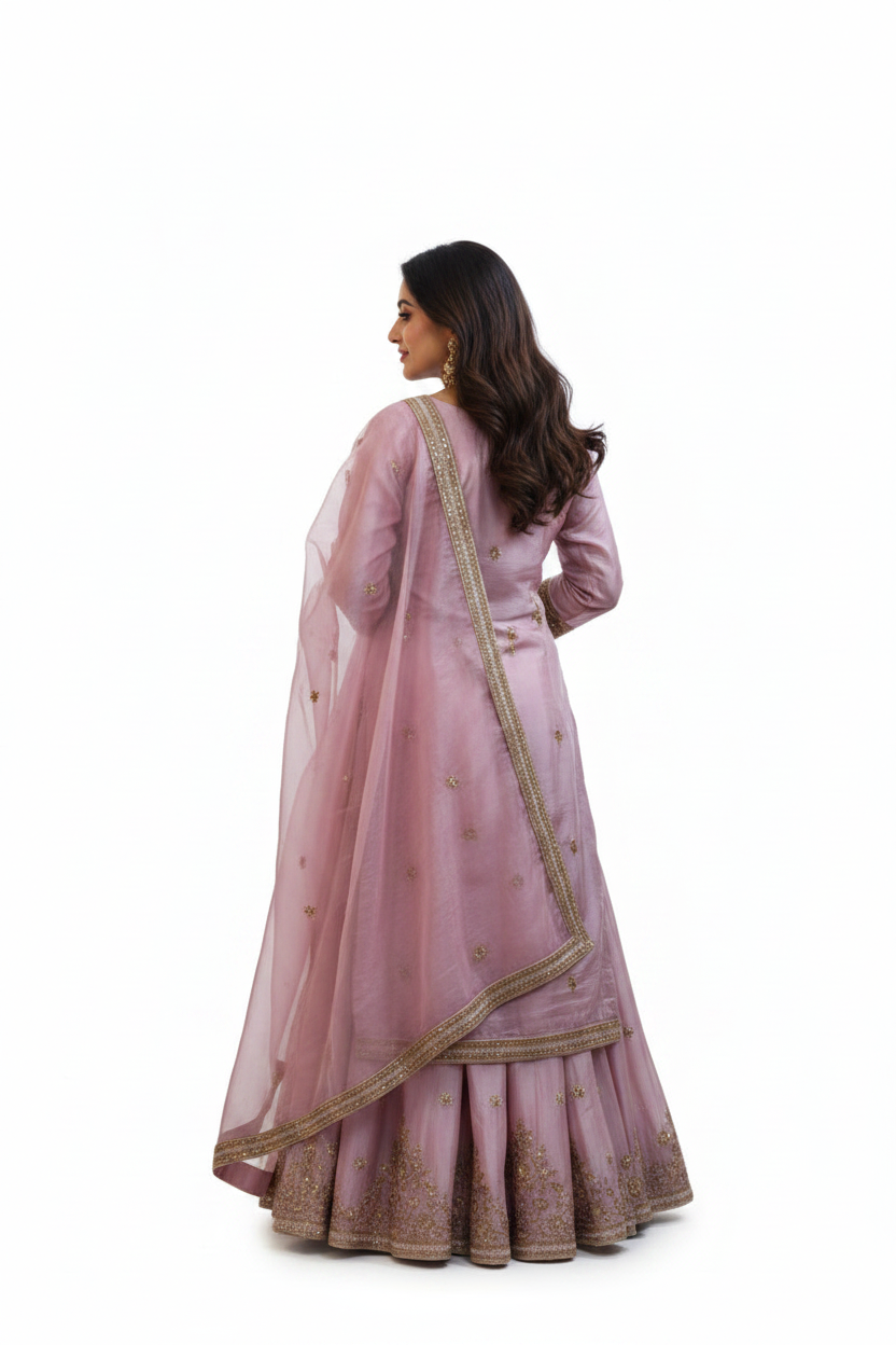 Dusty Pink Organza Kurta Skirt Set - Back View