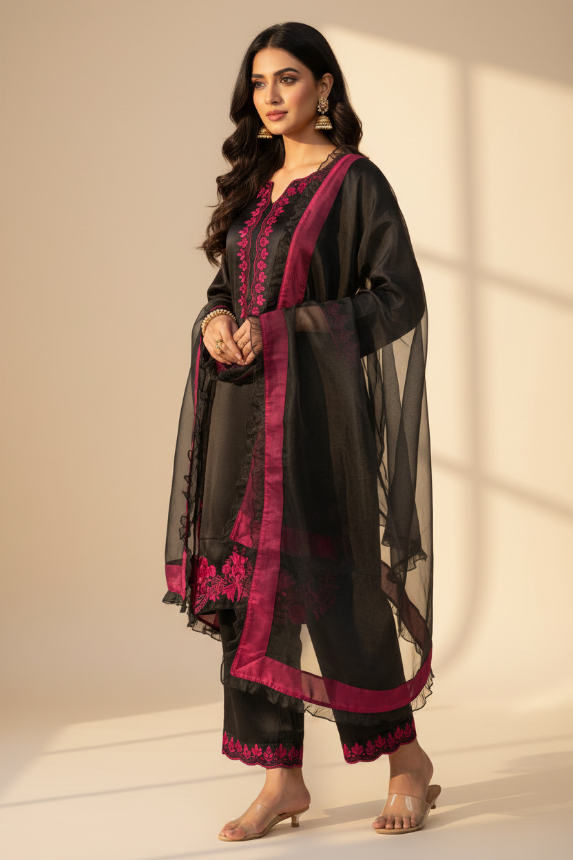 Black Magenta Embroidered Suit - Three Quarter View