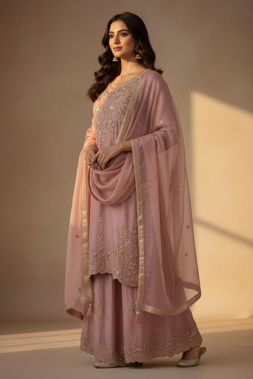 Dusty Rose Pink Kurta Palazzo Set - Three Quarter View