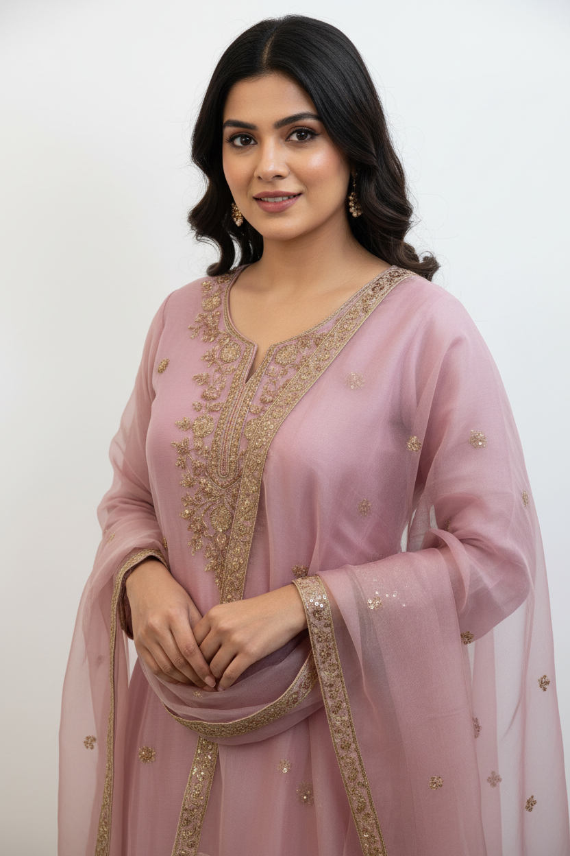 Dusty Pink Organza Kurta Skirt Set - Detail View