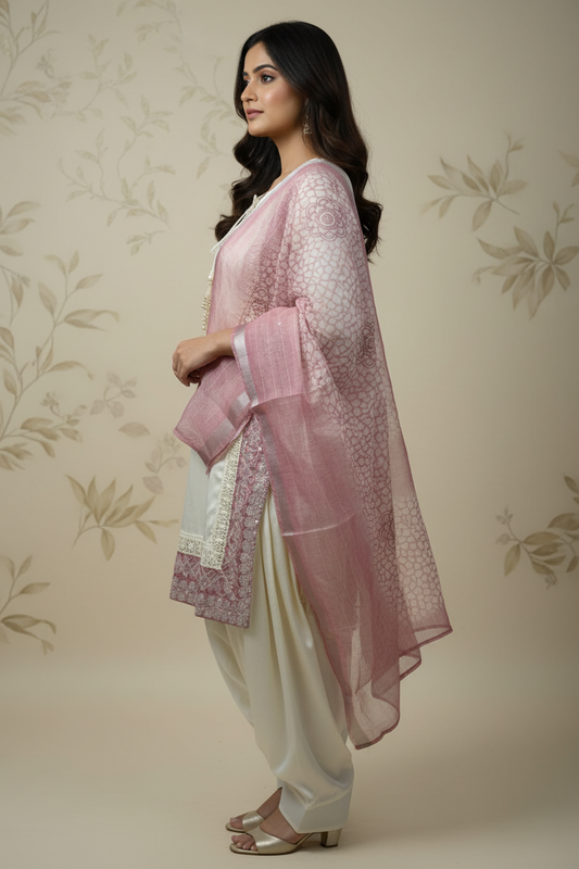 Ivory Dusty Pink Brocade Suit - Side View