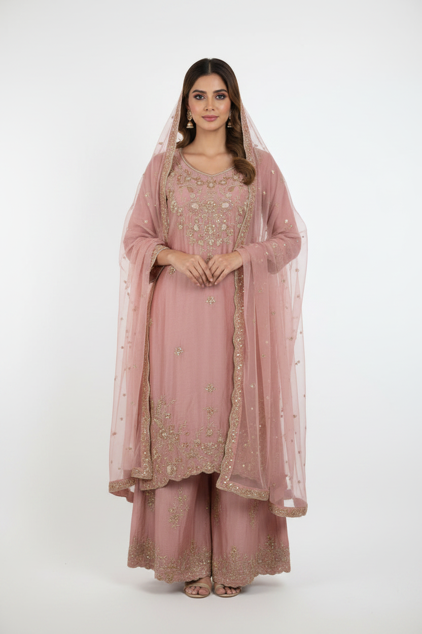 Dusty Rose Pink Kurta Palazzo Set - Front View