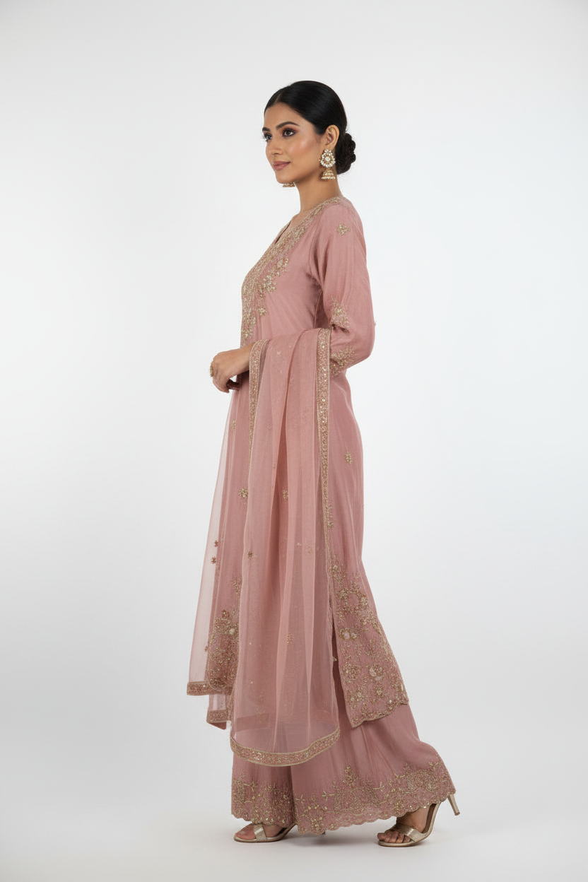 Dusty Rose Pink Kurta Palazzo Set - Side View