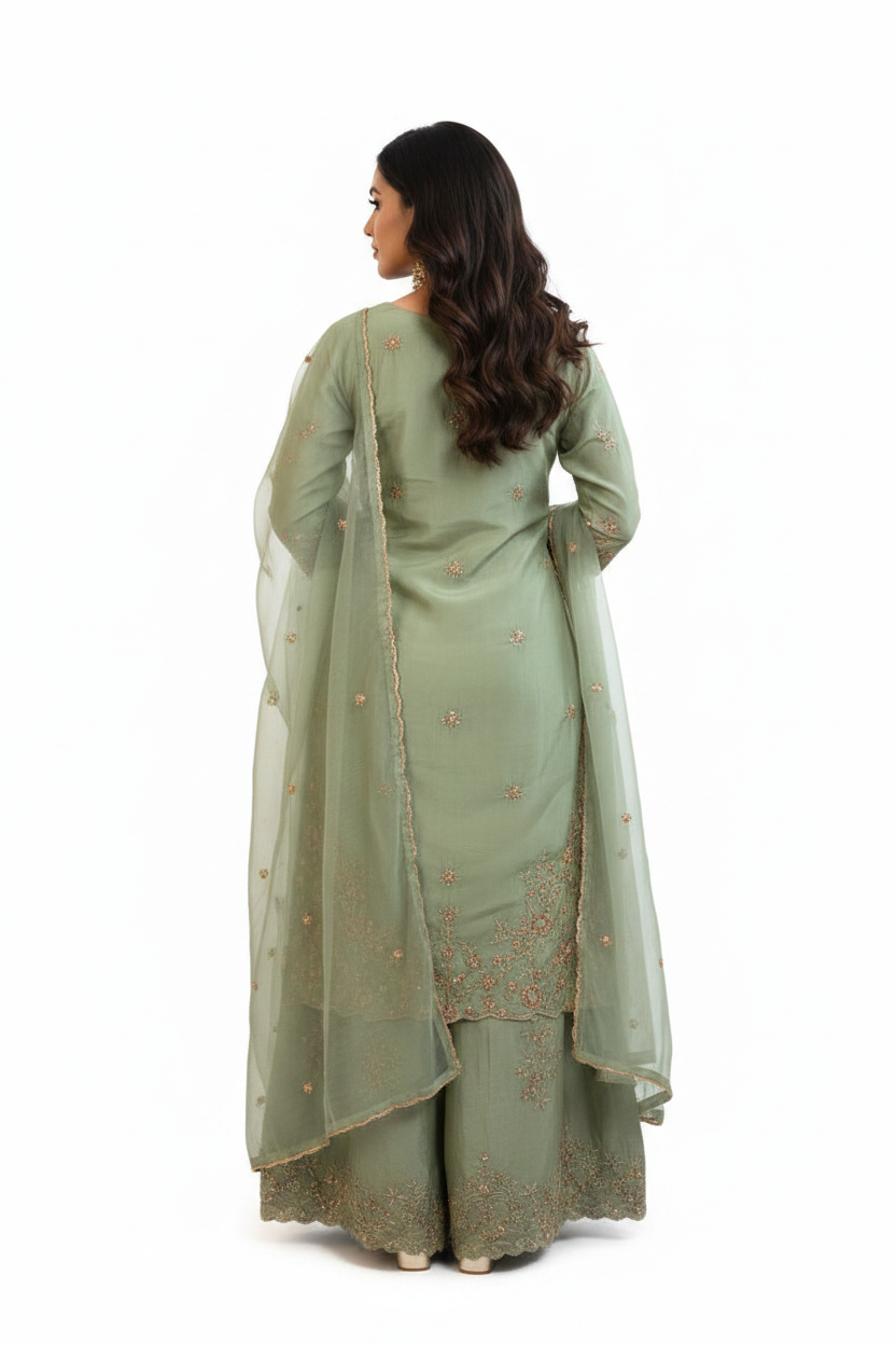 Sage Green Embroidered Kurta Palazzo Set - Back View