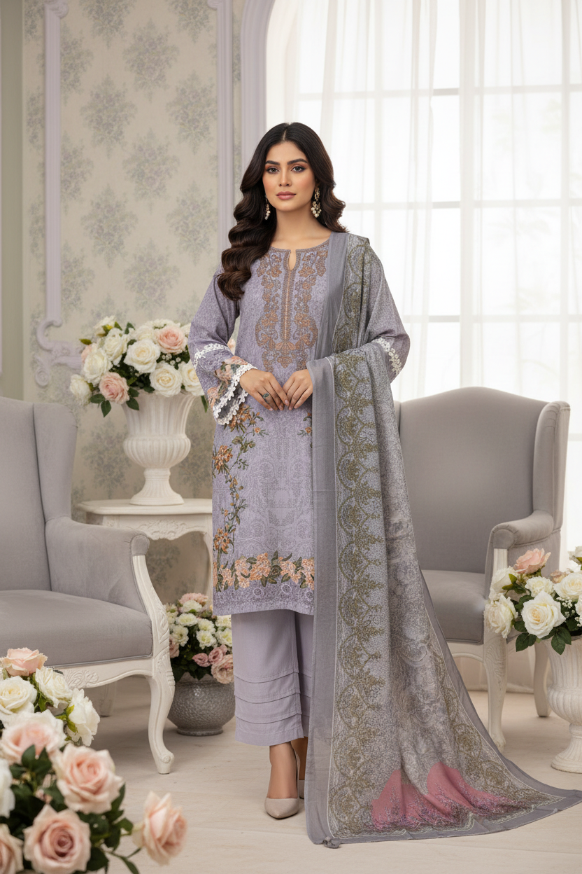 Grey Floral Embroidered Suit Set