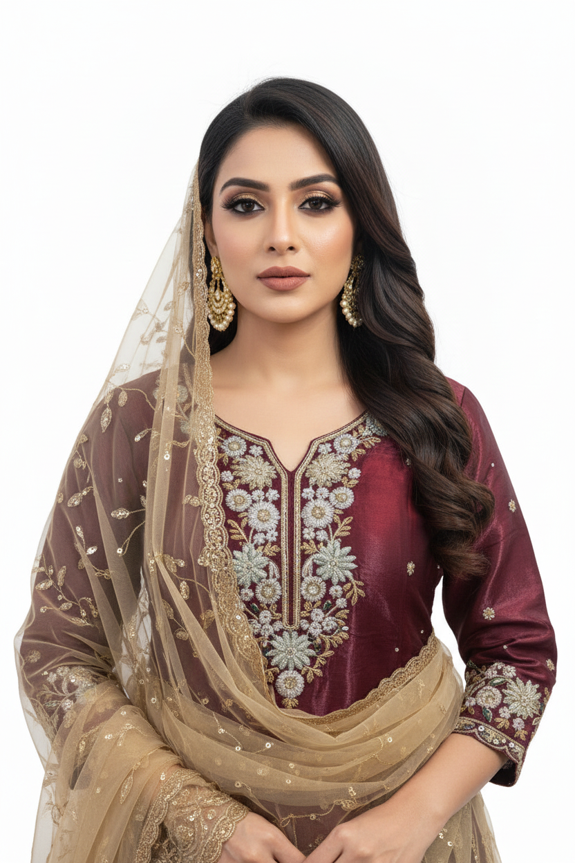 Maroon Embroidered Suit Set with Golden Dupatta